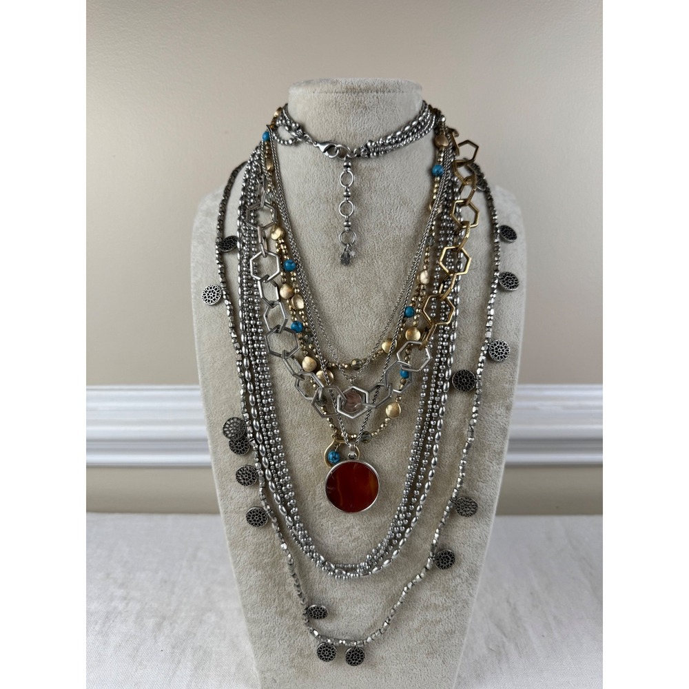 Vintage Lucky Brand Nine West Necklace Lot 5pc Silver Gold Turquoise Red Boho